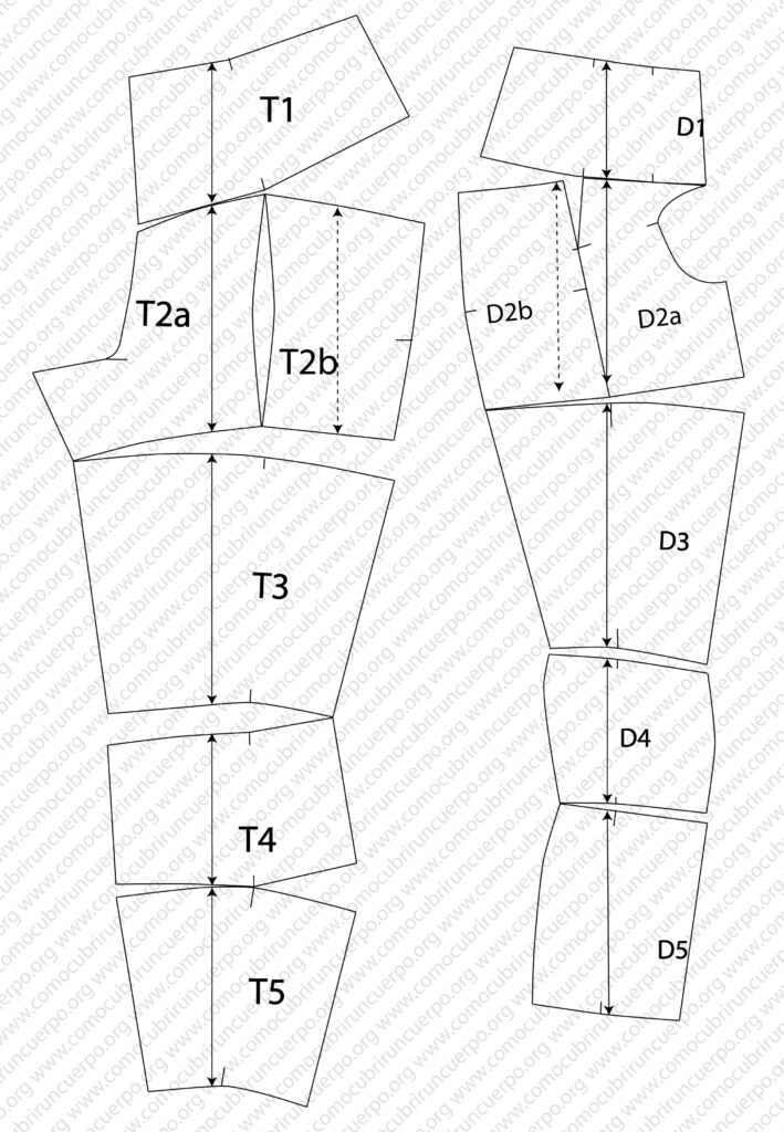 Patrón base completo de la pierna masculina obtenido tras el modelado del cuerpo y la puesta a plano de la glasilla