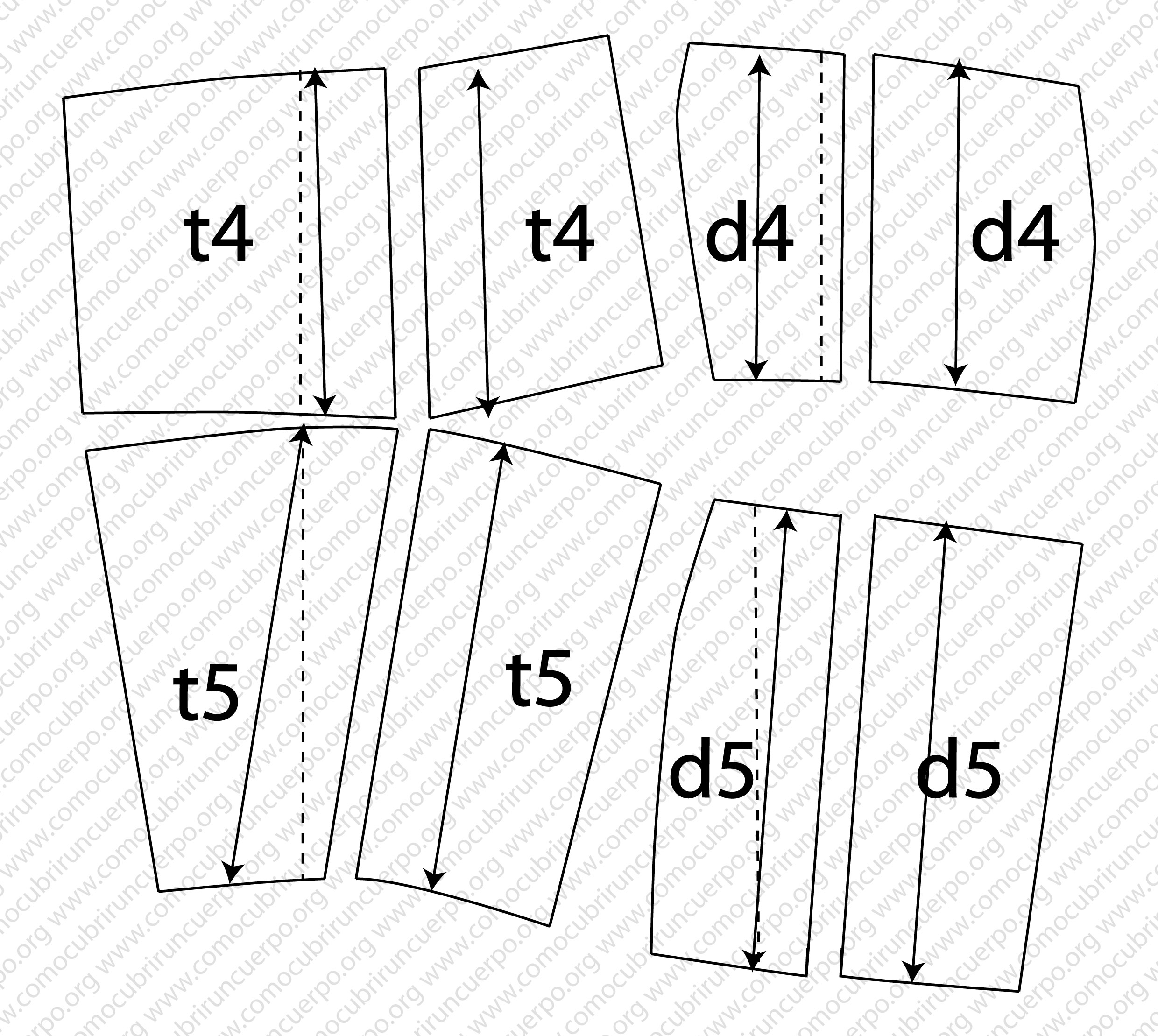 Patrón base de la polaina de cuatro piezas obtenido abriendo cada pieza por su derecho hilo