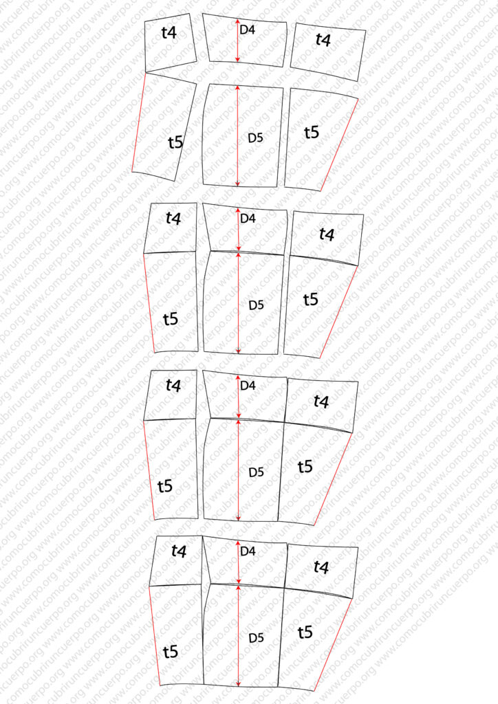 Distintas formas de unir por patronaje las piezas del nivel 4 y 5 de la pierna masculina, mostrando variaciones de costuras