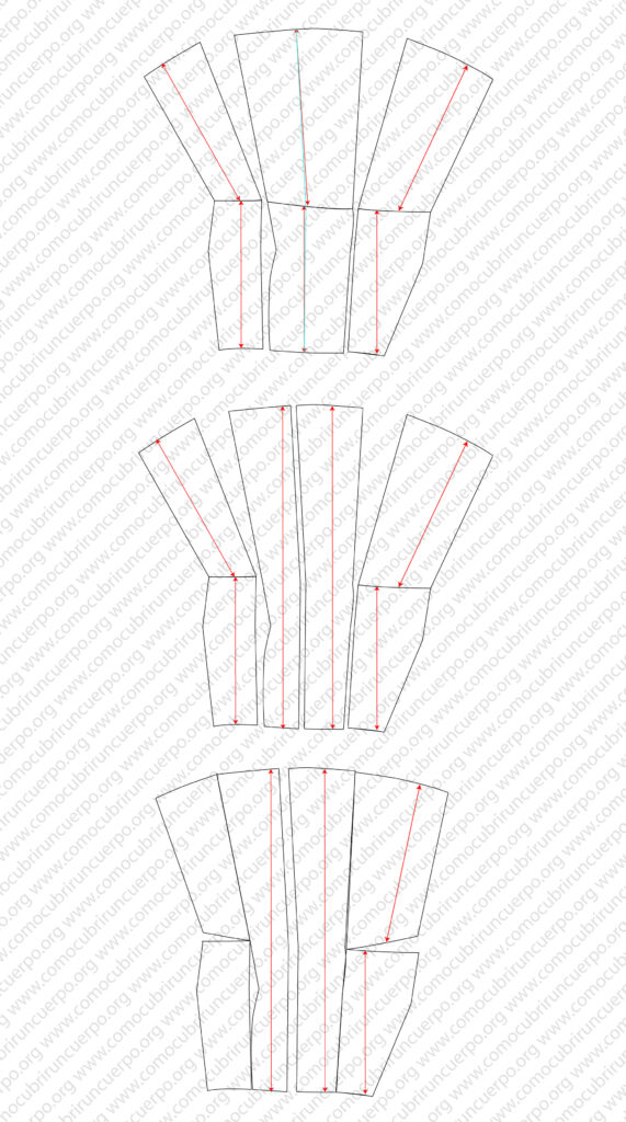 Despiece del patrón de la pierna en dos niveles mostrando la unión de las piezas del muslo, rodilla y gemelo a partir del moulage