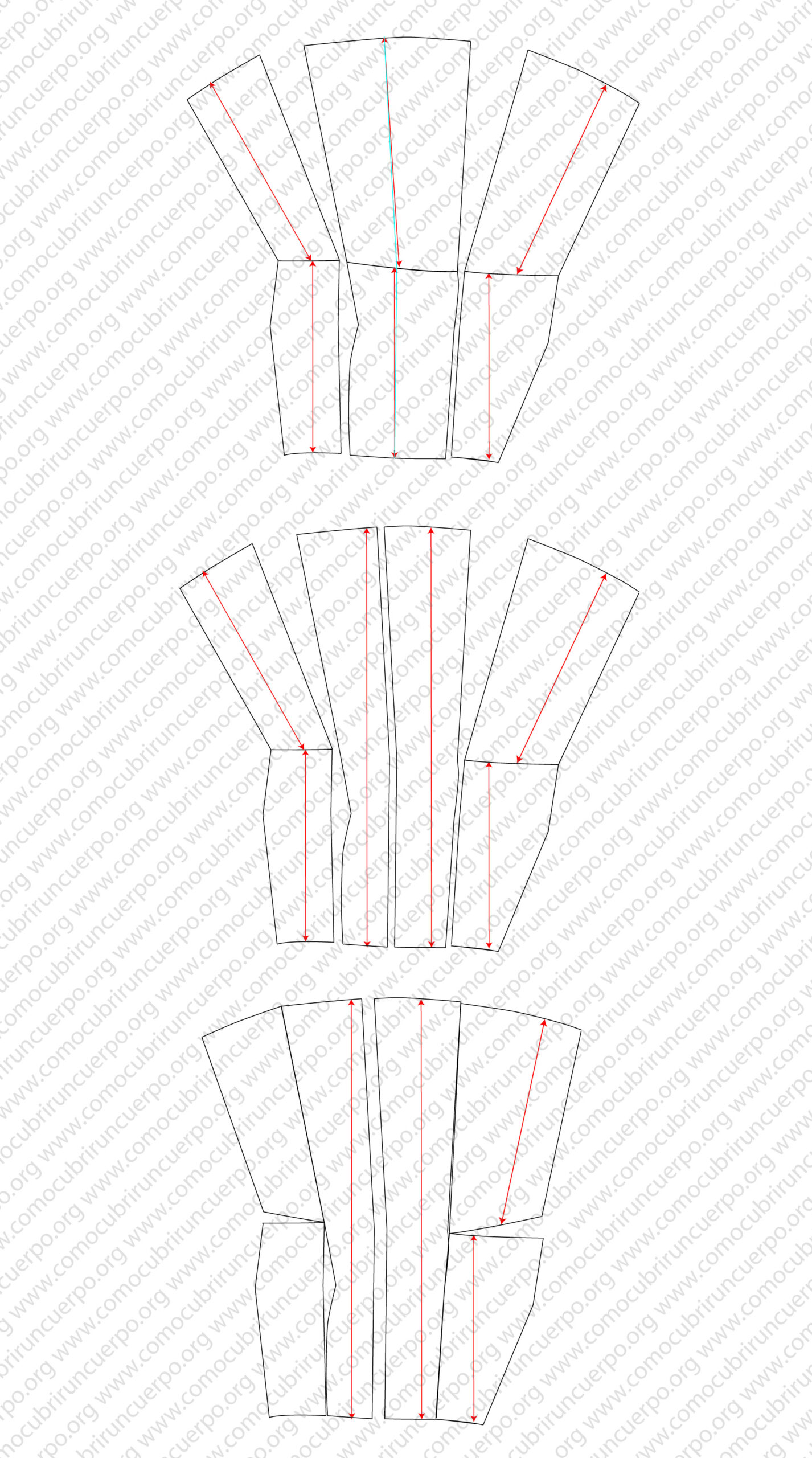 Despiece del patrón de la pierna en dos niveles mostrando la unión de las piezas del muslo, rodilla y gemelo a partir del moulage