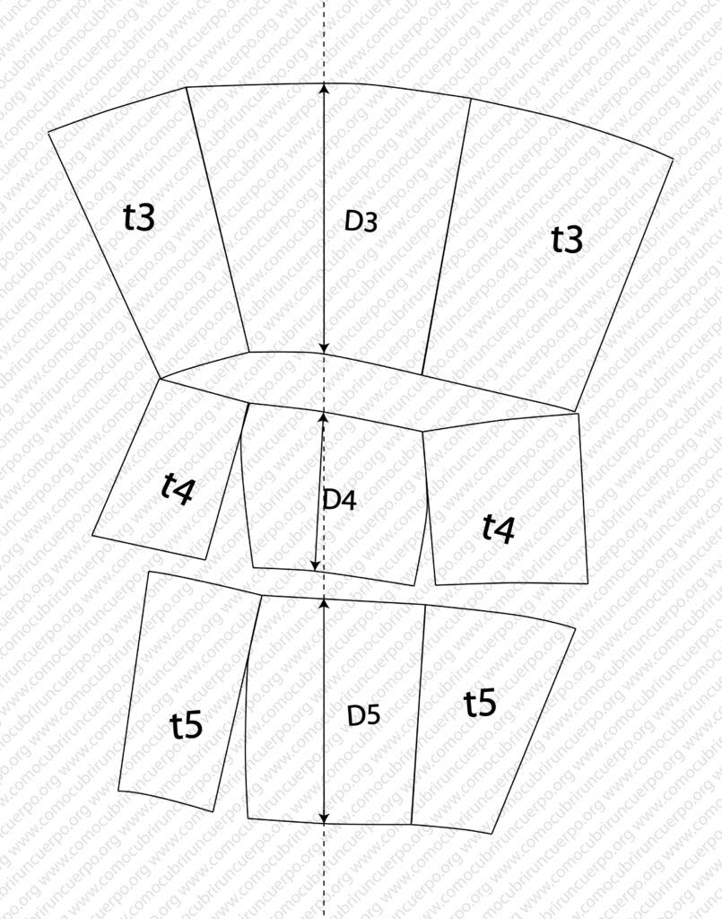 Rodillera_01 Despiece de los niveles 3, 4 y 5 del patrón base de la pierna masculina utilizado para el patronaje de la pieza rodillera