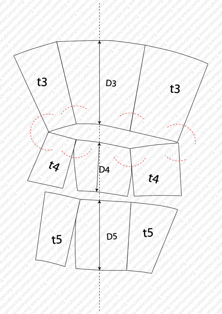 Rodillera_ 2 Aplicación de arcos de compás de 5 cm para descontar el ancho de la rodillera en las piezas de los niveles tres y cuatro del patrón de la pierna