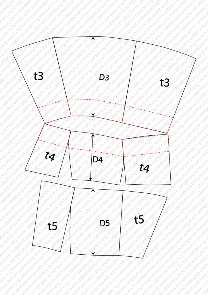 Rodillera_03 Unión de los arcos trazados para separar las piezas de los niveles tres y cuatro en el patronaje de la rodillera