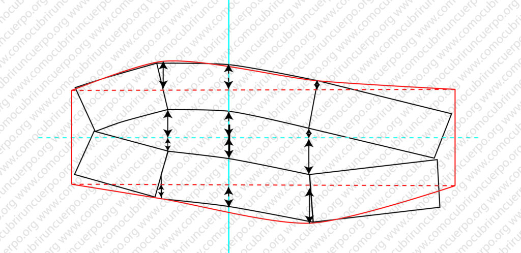Trazado definitivo de la rodillera con indicación de las bases del rectángulo, la línea de rodilla y el derecho hilo