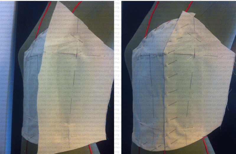 Segunda pieza de glasilla colocada mediante el recto hilo en el moulage del bustier