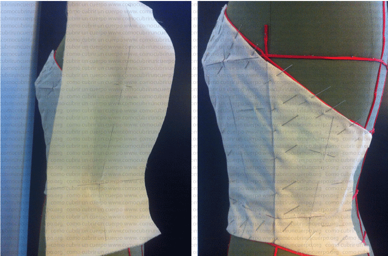 Piqueteado del relargo de costura en el moulage del bustier de cuatro piezas