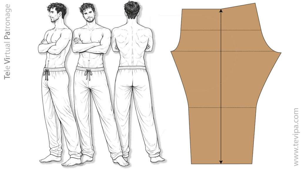 Ilustración del patrón base del pantalón chándal de una pieza con vista frontal, lateral y posterior sobre modelo masculino