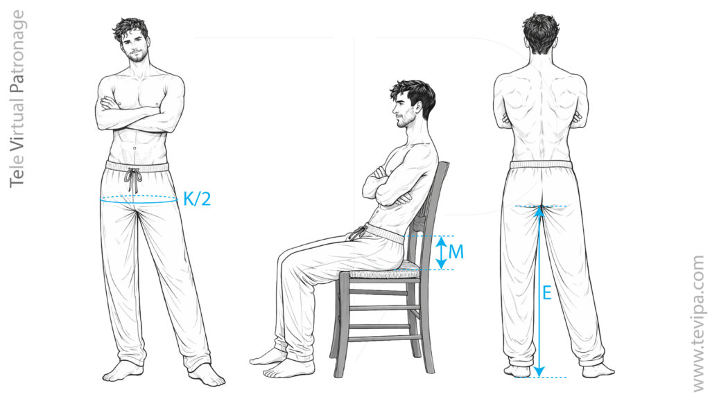 Ilustración de las medidas base del pantalón chándal de una pieza: medio contorno de cadera, montante sedente y largo de entrepierna