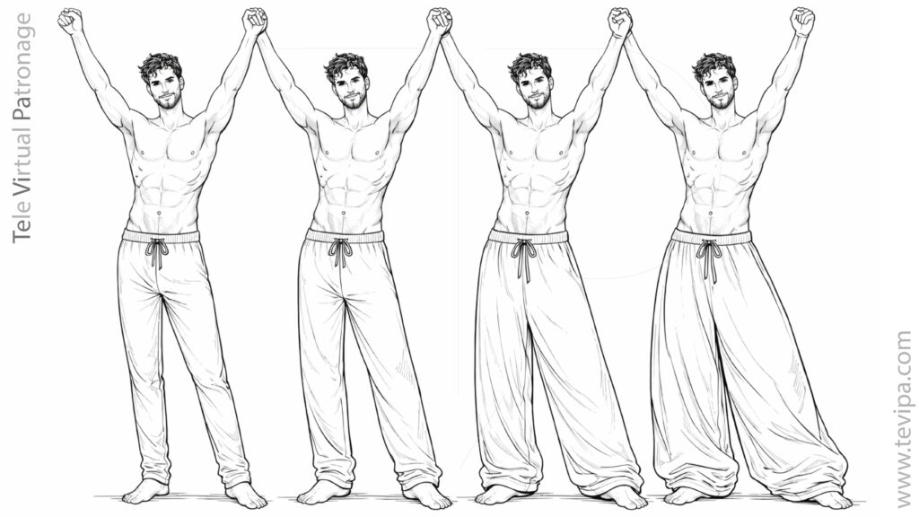 Ilustración comparativa del pantalón chándal de una pieza con diferentes holguras aplicadas al montante y a la pernera