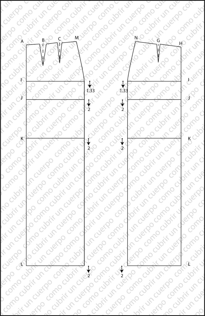 Patrón de falda base dividido en delantero y detrás con líneas de referencia para aplicar gradación vertical en largos