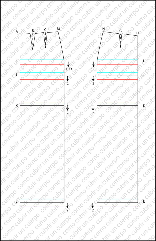 Gradación vertical de falda mostrando talla base en negro y desplazamientos paralelos en rojo y azul según ratios de 1,33 cm y 2 cm