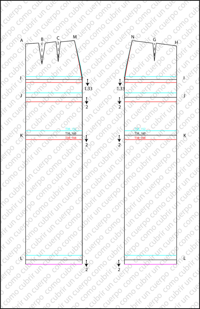 Gradación final de falda en largos 152, 160 y 168 mostrando superposición de talla base y tallas desplazadas en eje Y