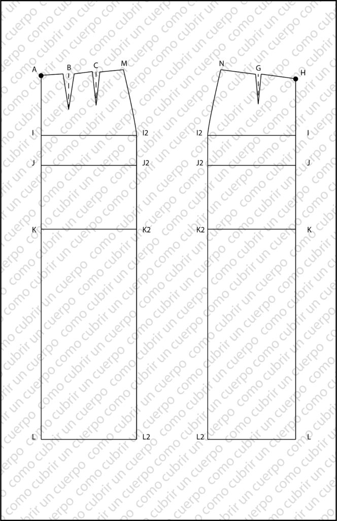Patrón base de falda femenina mostrando puntos de anclaje A en espalda y H en delantero para aplicar gradación horizontal