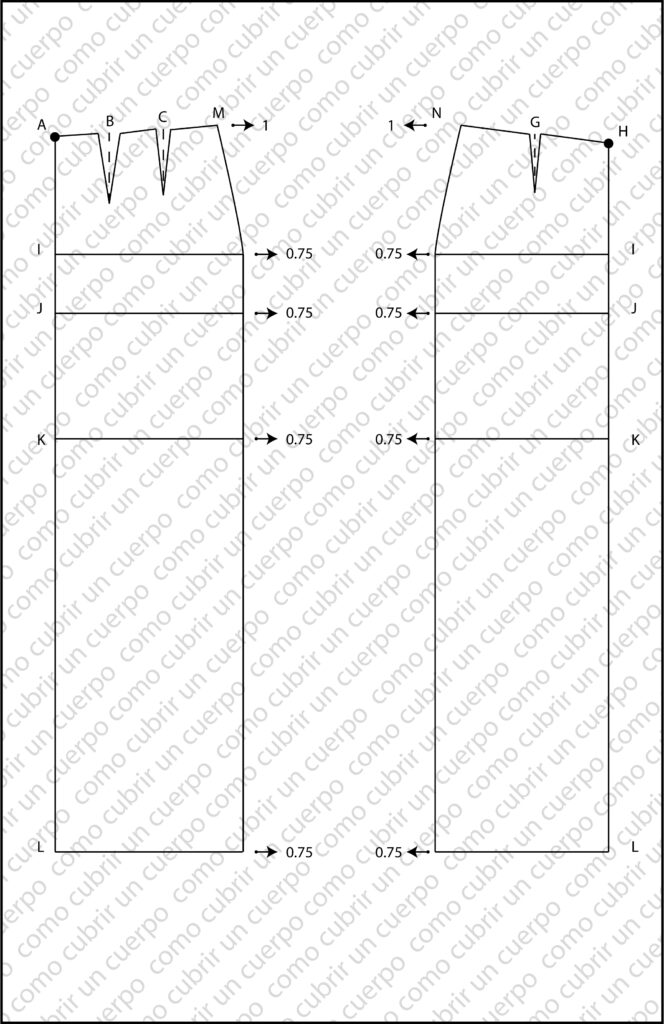 Esquema de gradación horizontal de falda mostrando desplazamientos de 0,75 cm en cadera y 1 cm en cintura para distintas tallas