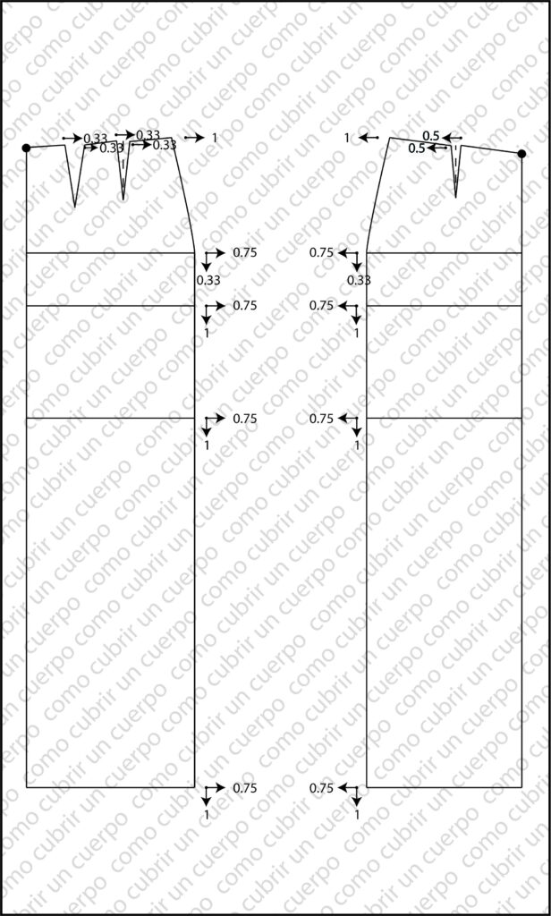 Esquema de gradación de falda femenina combinando desplazamientos en eje X y eje Y con incrementos de 0,33 cm en altura de cadera y 1 cm en largo