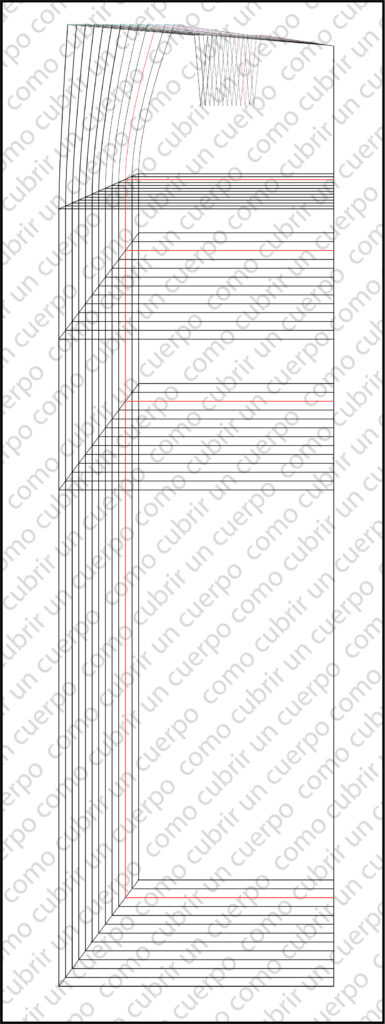 Trazado completo del delantero de falda femenina mostrando gradación conjunta en largos y anchos con múltiples tallas superpuestas