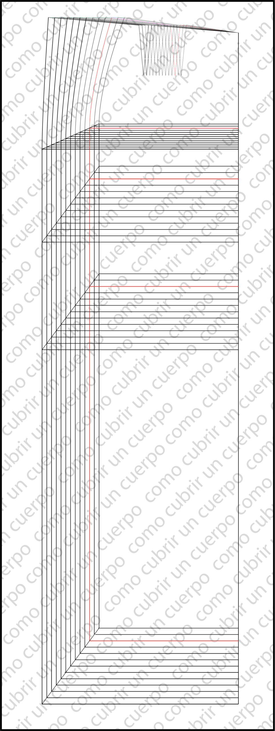 Trazado completo del delantero de falda femenina mostrando gradación conjunta en largos y anchos con múltiples tallas superpuestas