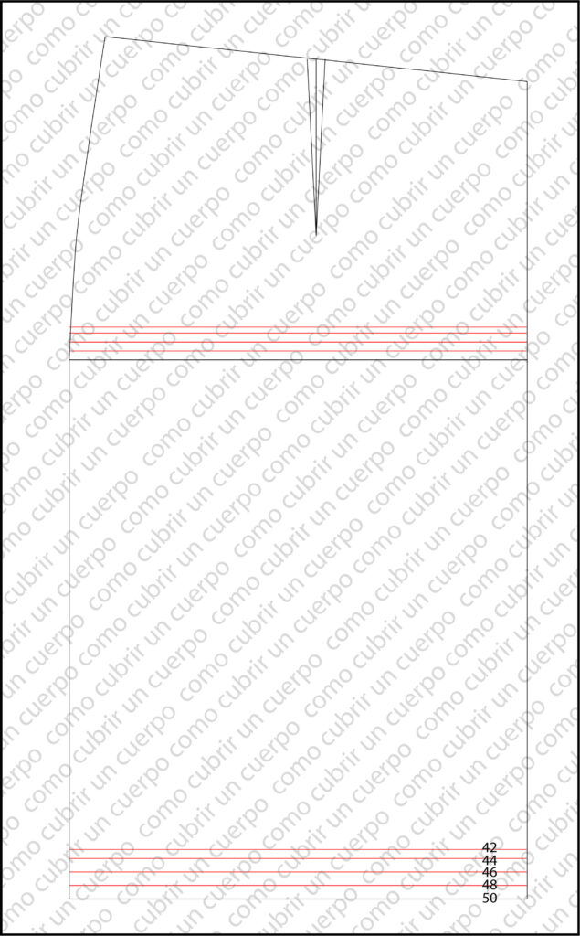 Gradación en largos de falda masculina mostrando líneas rojas correspondientes a tallas inferiores con cambios de progresión en montante y altura de cadera