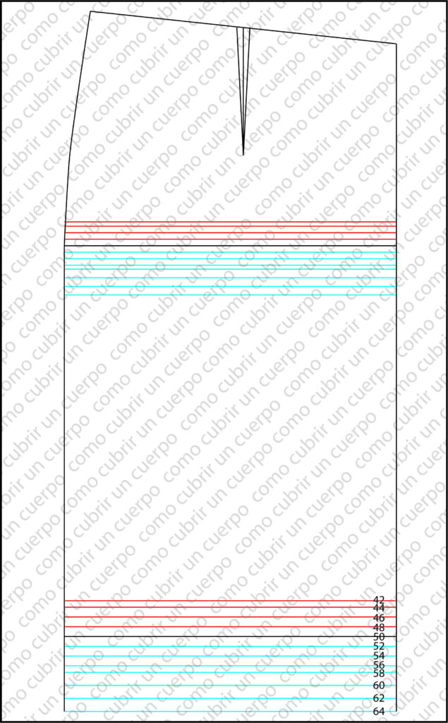Plancha completa de gradación en largos de falda masculina mostrando tallas inferiores en rojo y superiores en azul con cambios de progresión