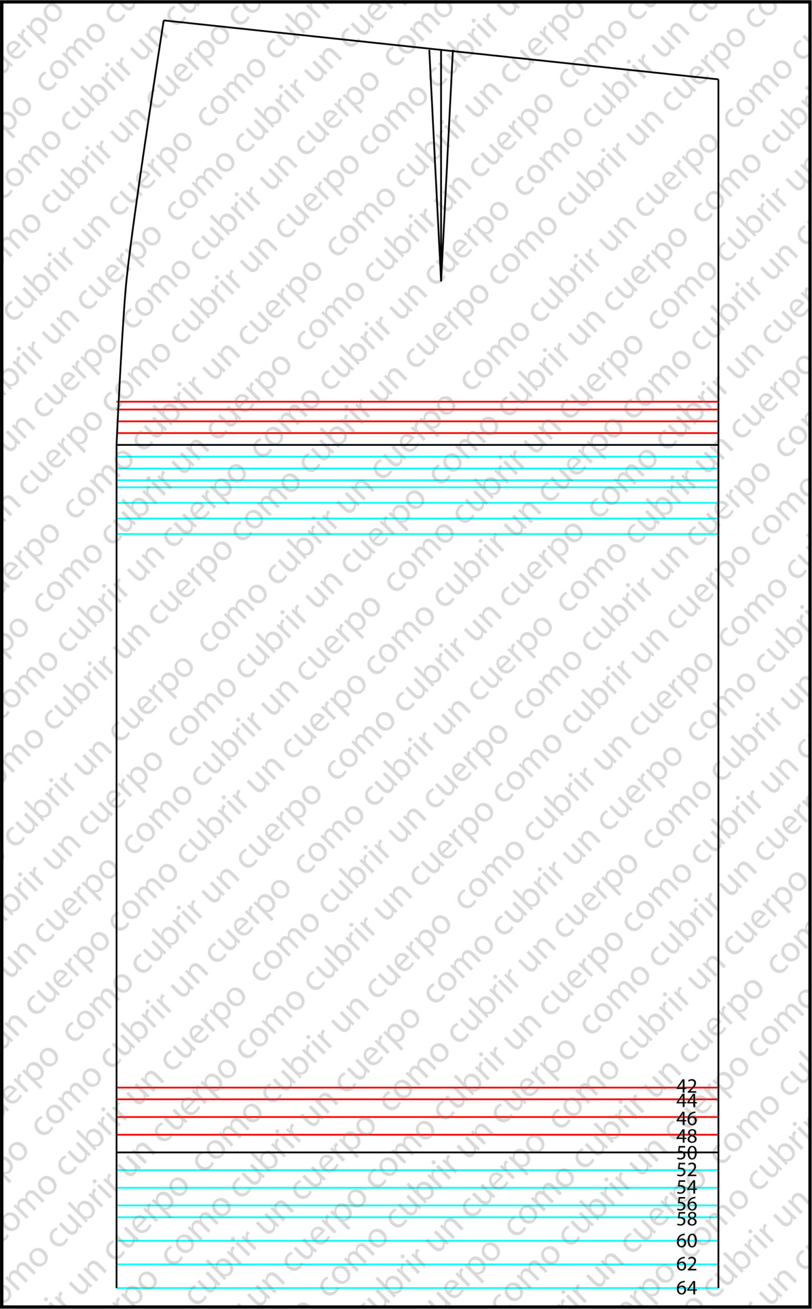 Plancha completa de gradación en largos de falda masculina mostrando tallas inferiores en rojo y superiores en azul con cambios de progresión