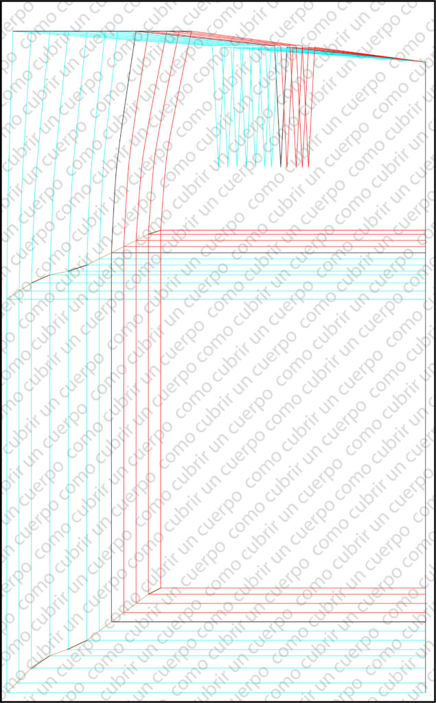 Plancha de gradación del delantero de falda masculina mostrando el escalado de la pinza con ratios equivalentes a la mitad de la costura lateral.