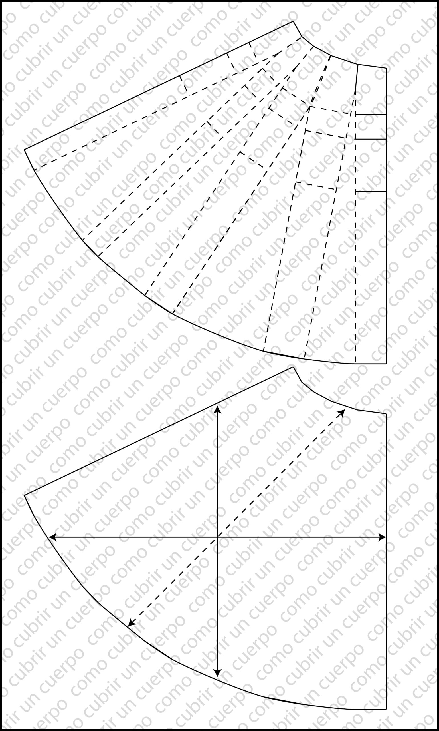 Patrón base de falda cortado por pinzas y costuras para generar varios paños