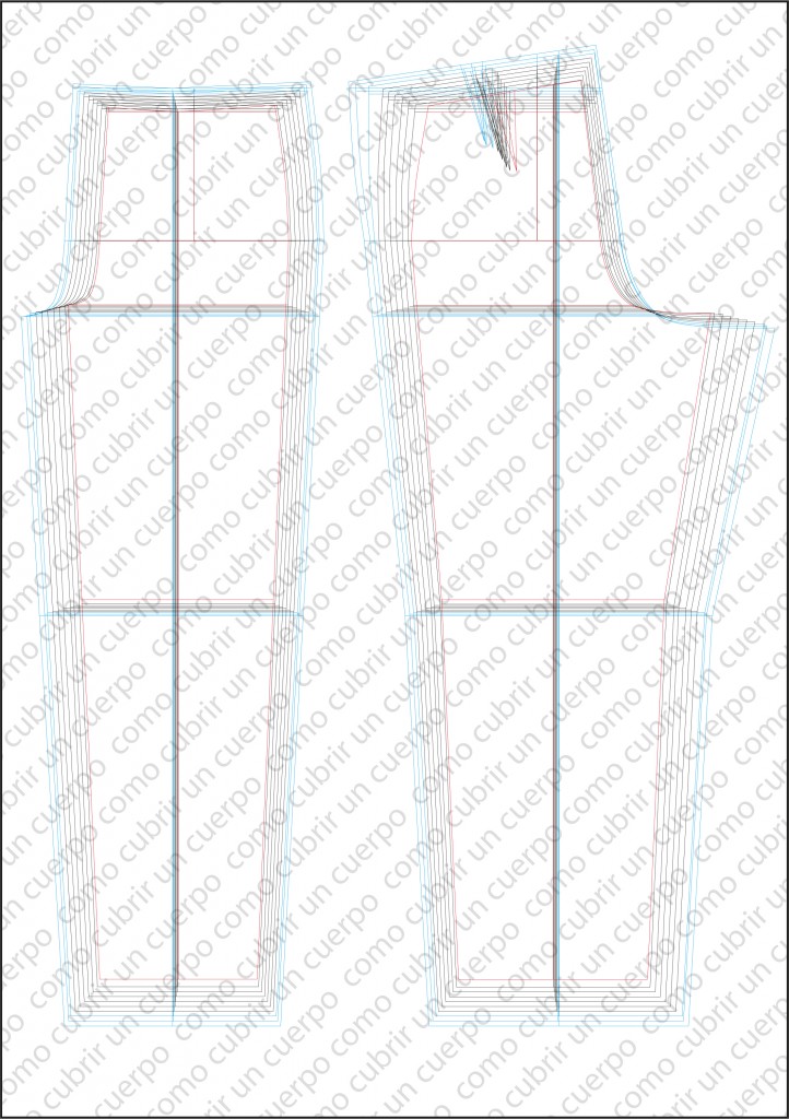 Plancha completa de gradación del pantalón clásico de caballero mostrando tallas centrales en negro, talla inferior en rojo y tallas superiores en azul.