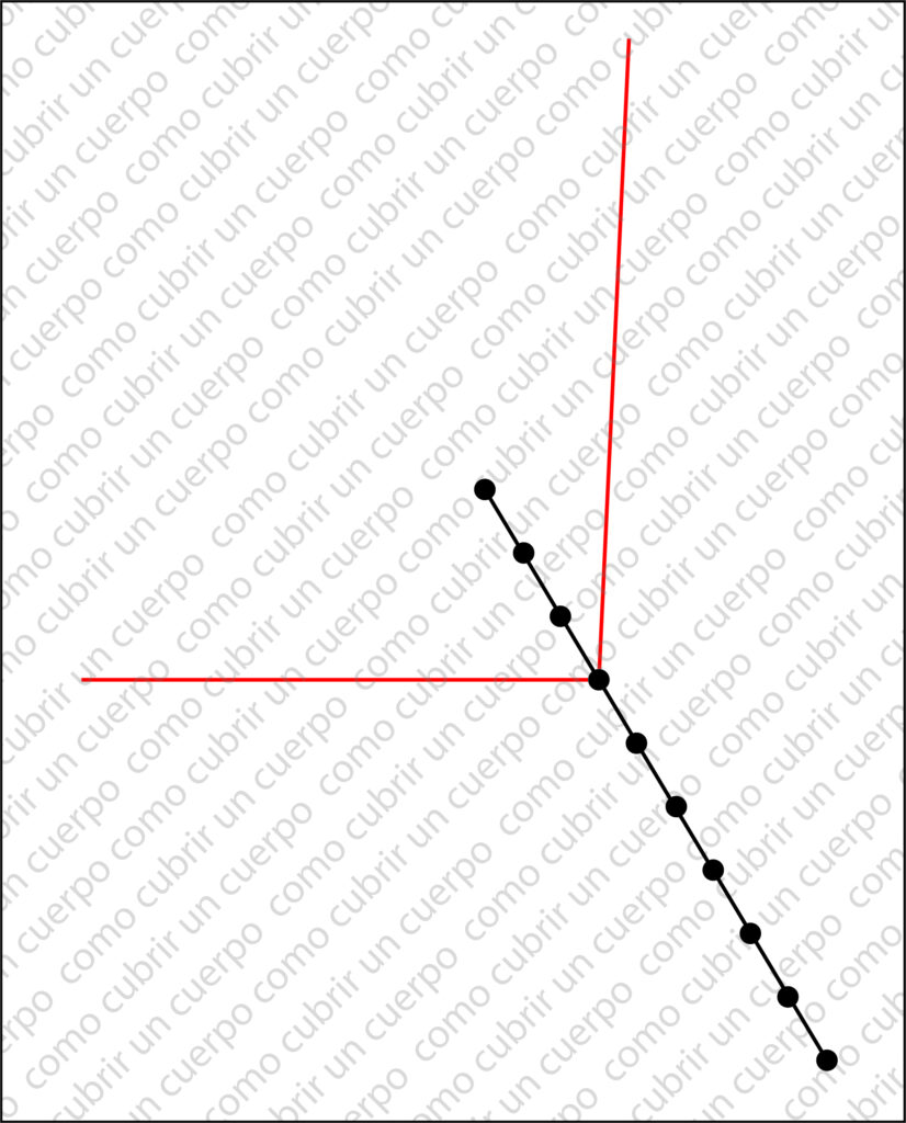 Detalle de una entretalla dividida en segmentos iguales a lo largo de la línea inclinada de gradación del pantalón.