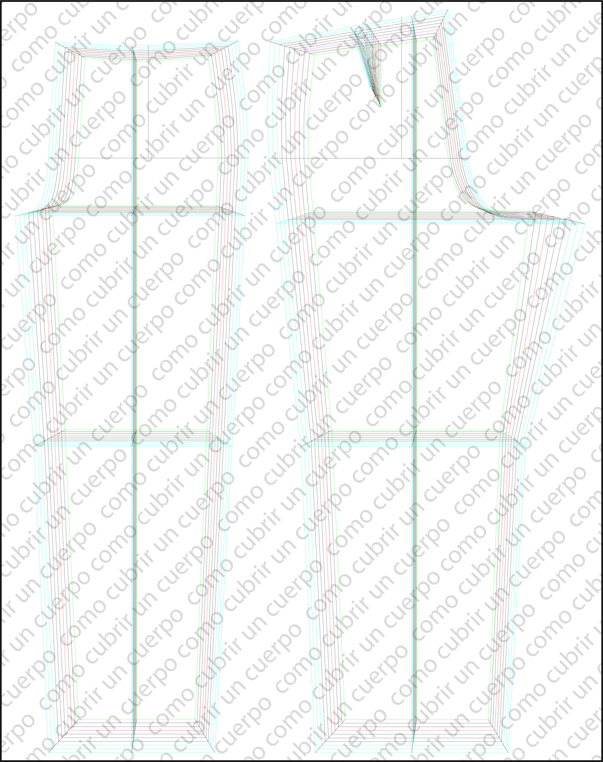 Patrón completo del pantalón clásico de hombre con todas las tallas trazadas tras la unión definitiva de las líneas de gradación.