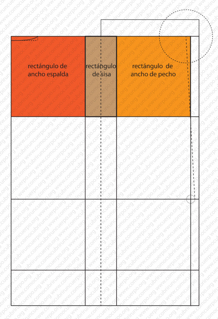Trazado de la caja de escote delantero mediante circunferencia centrada en la línea de esternón