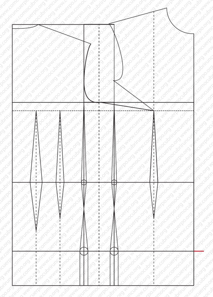 Entalles repartidos en línea de costadillo y avance de costadillo en el patrón base femenino de tres piezas