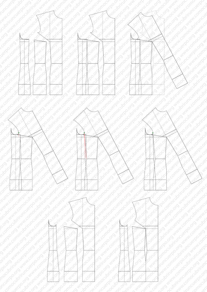 Secuencia paso a paso para rectificar el entalle del costadillo y volver a separar las tres piezas del patrón base femenino