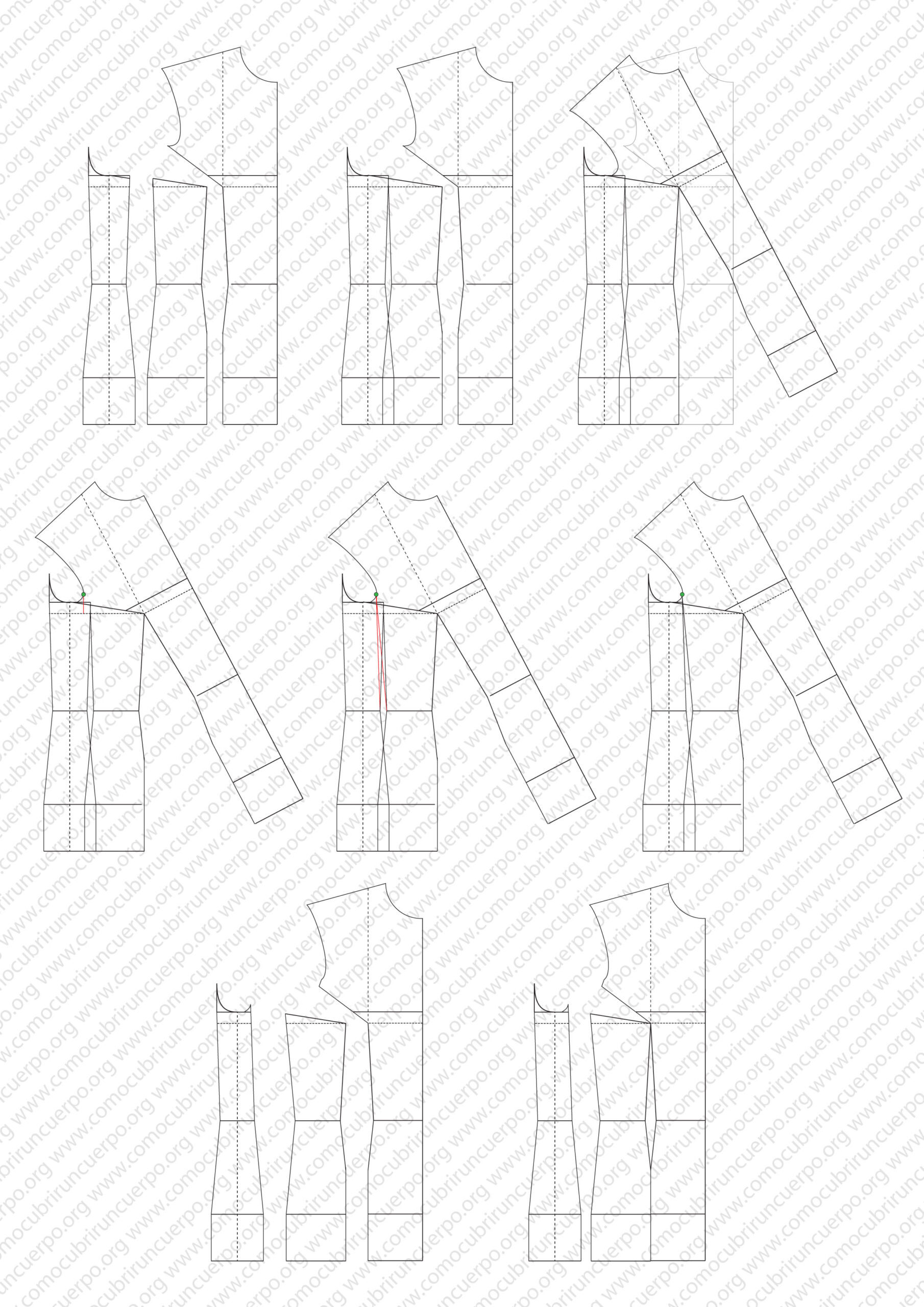 Secuencia paso a paso para rectificar el entalle del costadillo y volver a separar las tres piezas del patrón base femenino