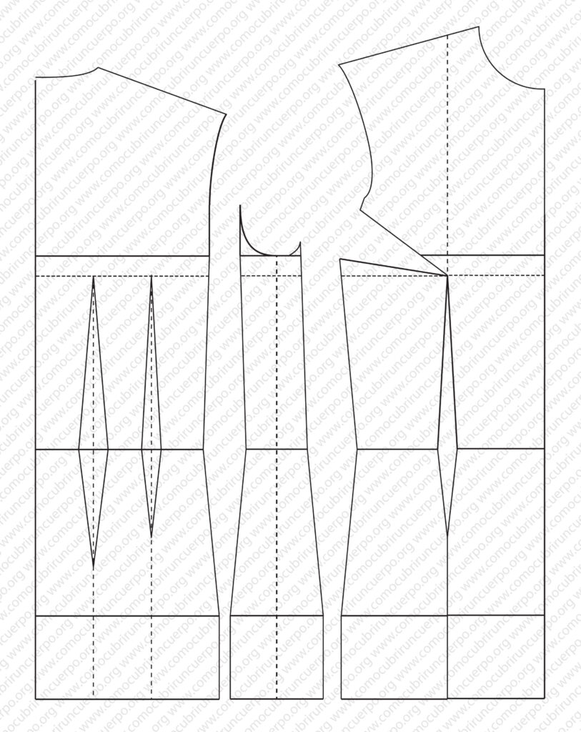 Patrón base del cuerpo femenino dividido en delantero, costadillo y espalda