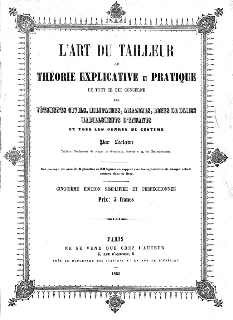Portada original del libro L’Art du tailleur de Leclaire publicado en París en 1855