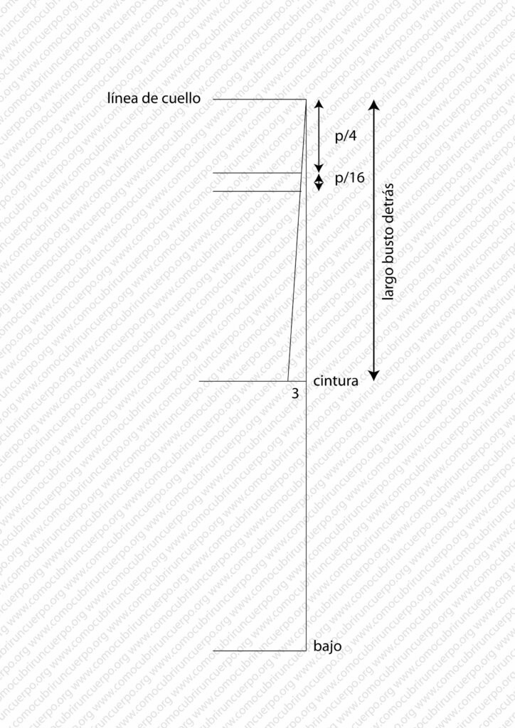 Construcción base del trazado de la espalda del traje de caballero de 1855 con líneas de cuello, omoplato, sisa y cintura