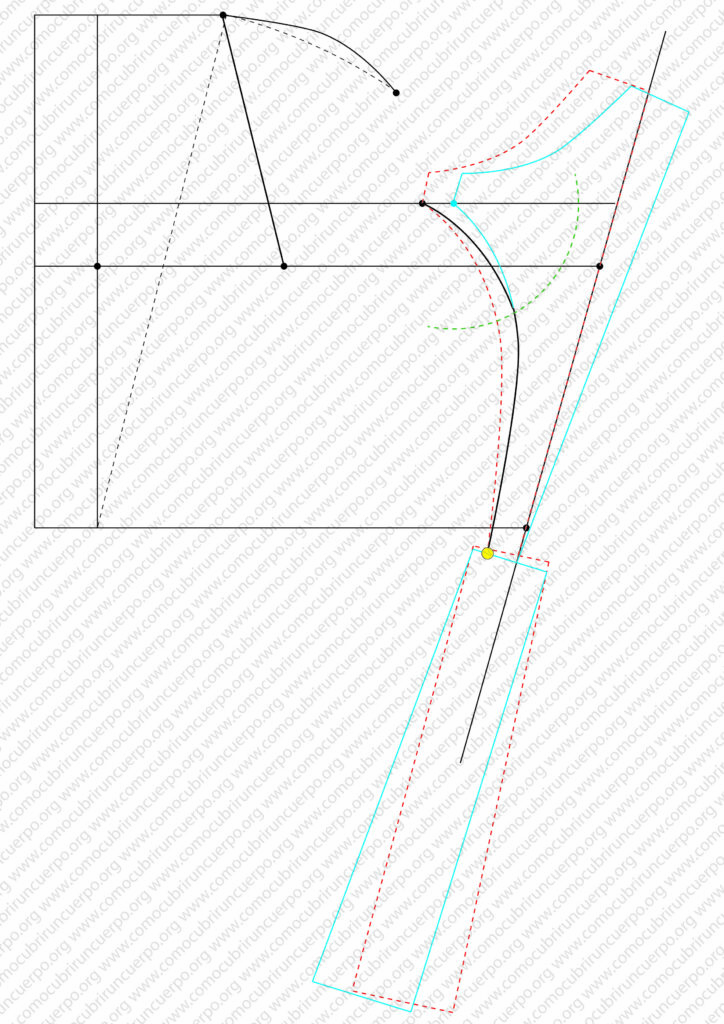 Construcción de las líneas base del delantero del traje de caballero de 1855: línea de hombrera, línea de sisa, línea de omoplato y línea de cintura