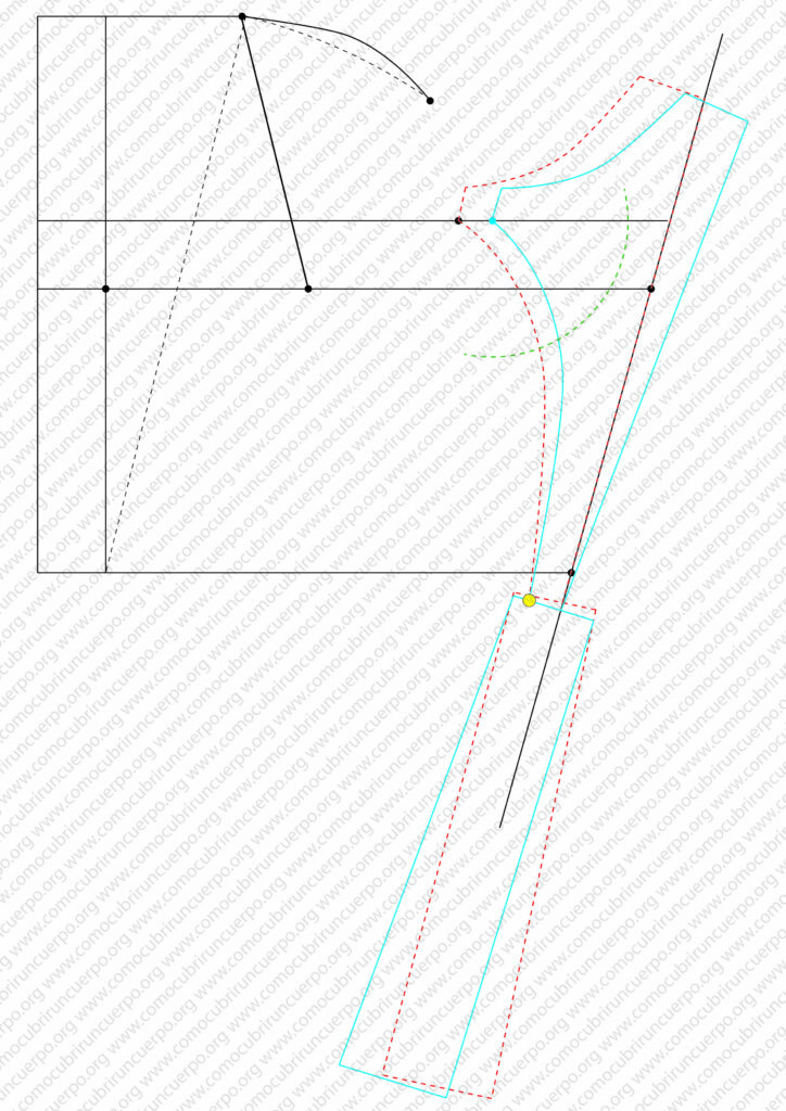 Determinación del final del bajo del delantero y trazado del arco de un cuarto de pecho para definir el cruce del costadillo en el traje de 1855