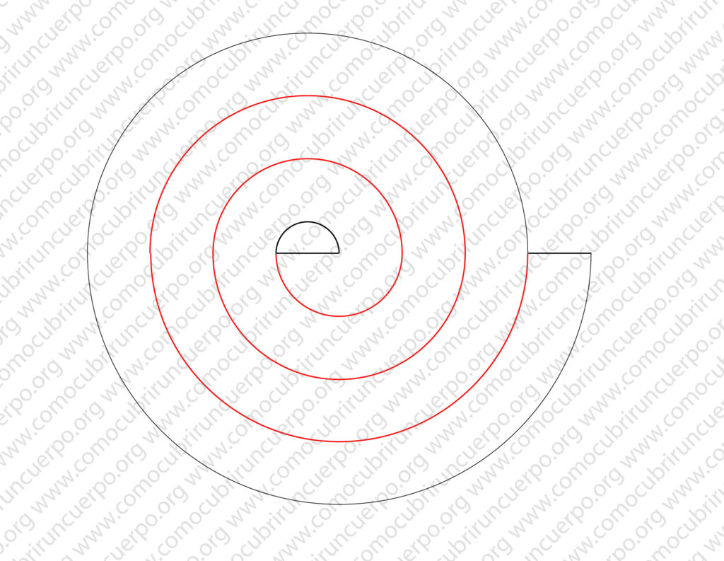 Línea de costura marcada en rojo en un volante de caracol de ancho constante trazado mediante espiral de dos centros