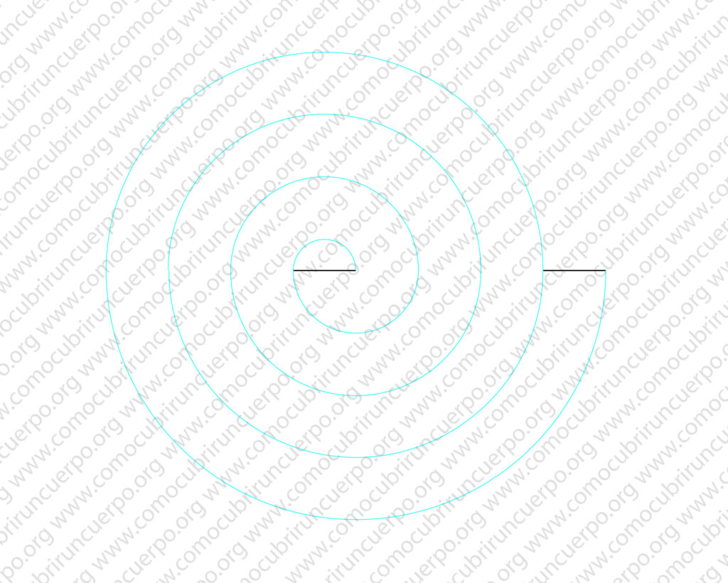 Borde exterior o vuelo de un volante de caracol trazado mediante espiral de dos centros, marcado en azul