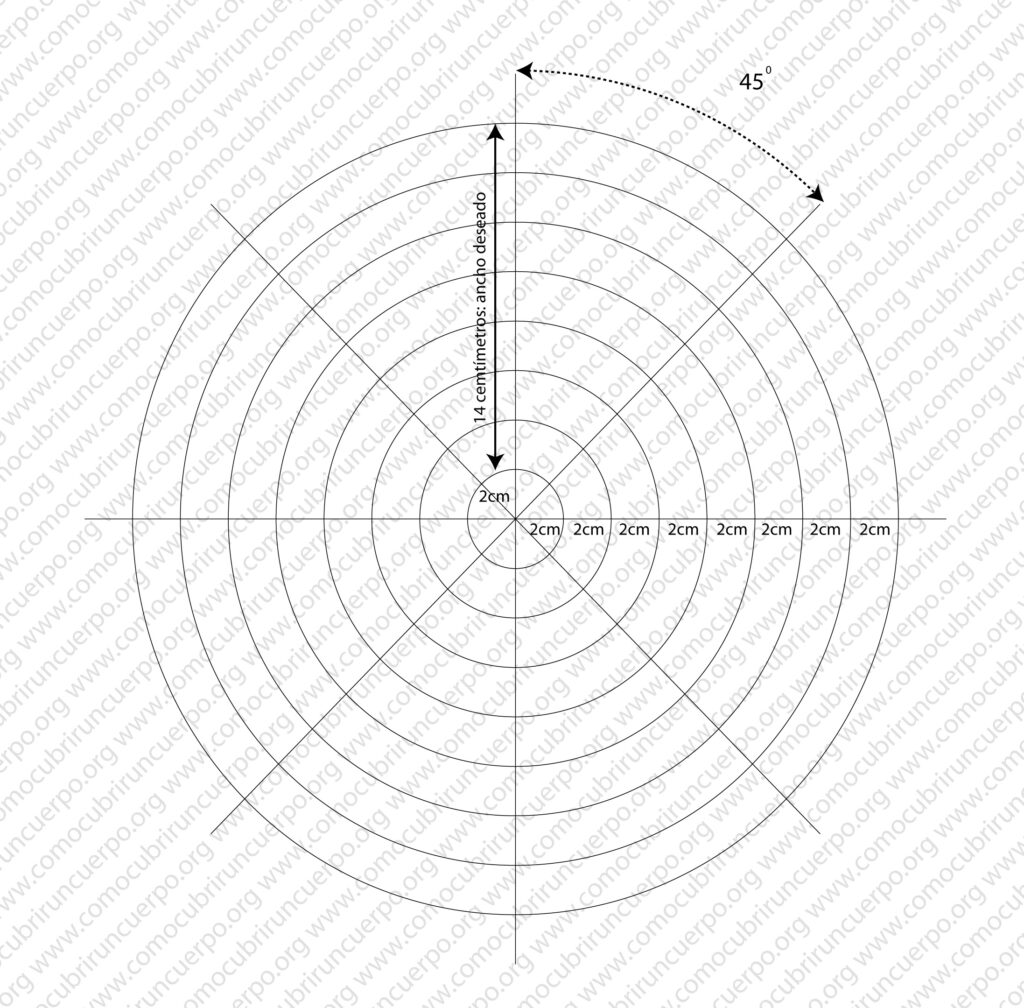 División de la circunferencia en sectores de 45 grados para construir una espiral de Arquímedes en el patronaje de un volante de caracol