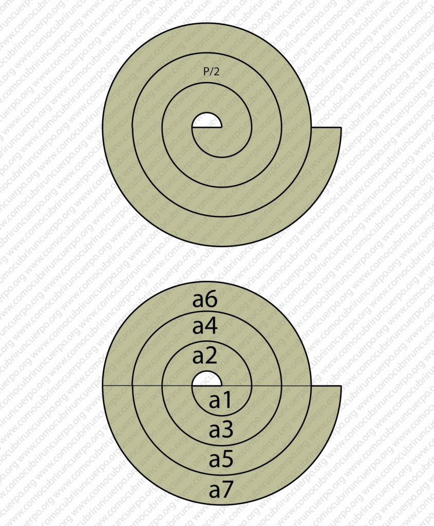 Espiral de volante P/2 dividida en sectores circulares a1, a2, a3, a4, a5 y a6