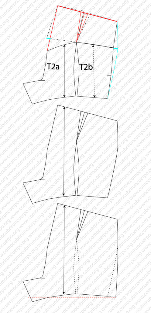 Pivotado de las piezas del primer nivel para regular la pinza del glúteo y subir la punta de la horquilla del pantalón