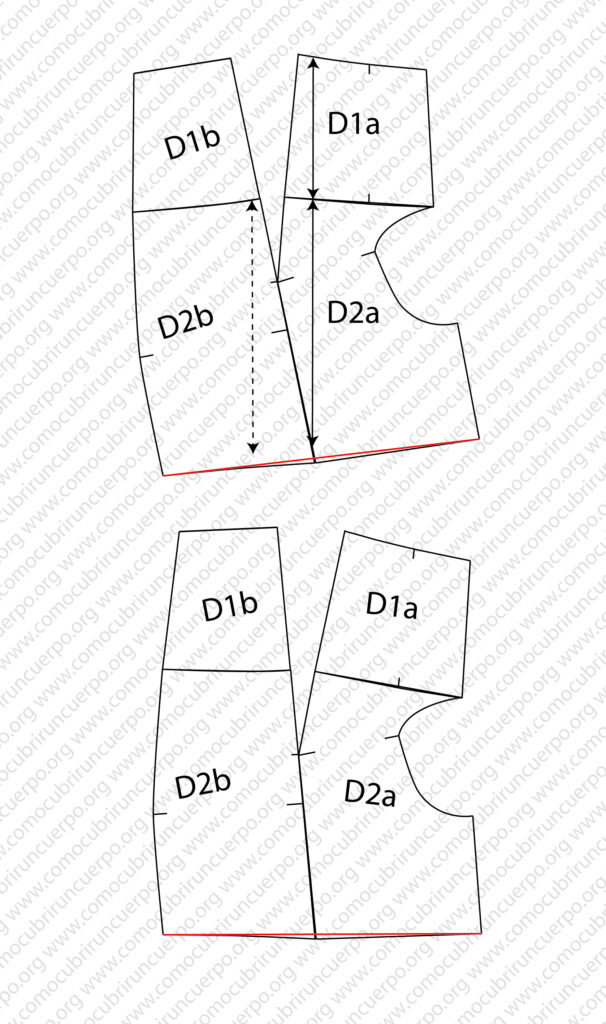 Corrección del paralelismo del bajo del pantalón trazando una línea horizontal entre las puntas del delantero y del detrás