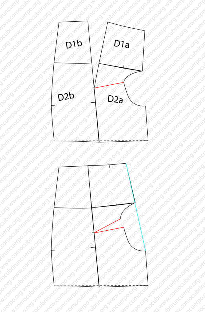 Cierre de la pinza de cintura del delantero y apertura de la pinza de la cazuela mediante pivotado del patrón