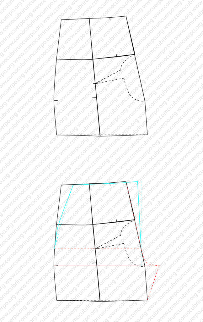 Enderezamiento de la mitad delante desde la nueva línea de entrepierna y ajuste de la costura lateral del pantalón