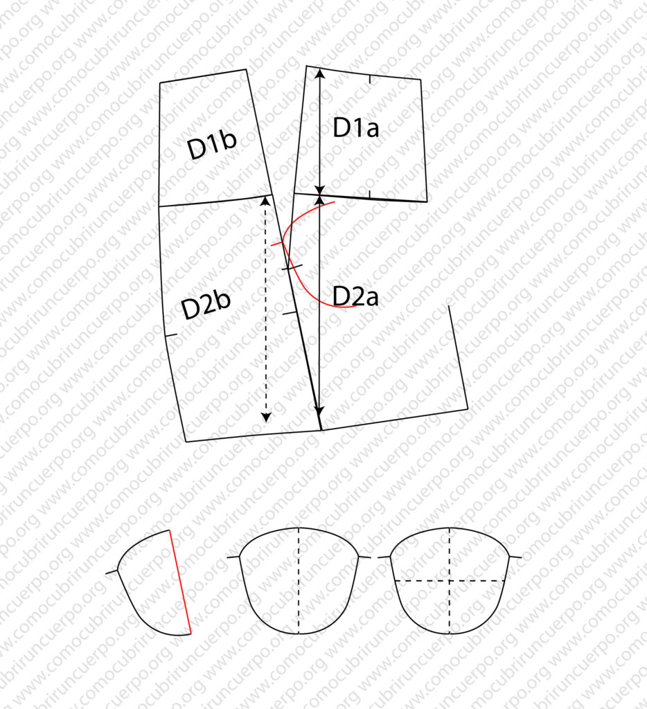 Delantero del pantalón ajustado y esquema previo para patronar la cazuela genital