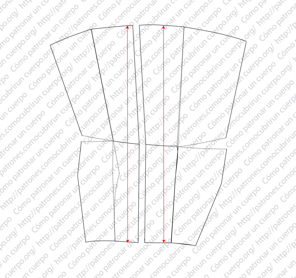 Unión por patronaje de las piezas de la pierna con costura delantera y trasera y pinzas indicadas en línea discontinua