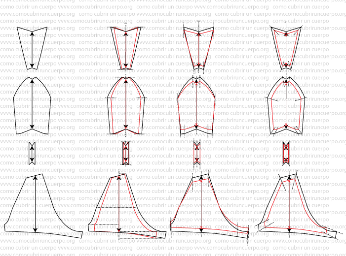 Comparación del patrón original y gradado del bóxer femenino en horizontal, vertical y combinado